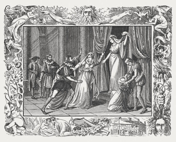 The Winter's Tale by William Shakespeare: A chapel in Paulina's house, King Leontes at what he believes to be the statue of his dead wife, overwhelmed at the resemblance; Act V, Scene III. Woodcut engraving after an original by Robert Thew (English engraver, 1758 - 1802) from the book "W. Shakespeare's sämmtliche Werke, 1. Band (W. Shakespeare's complete works, Volume 1"). Published by Julius Körner in Baumgärtner's Buchhandlung, Leipzig, 1838.